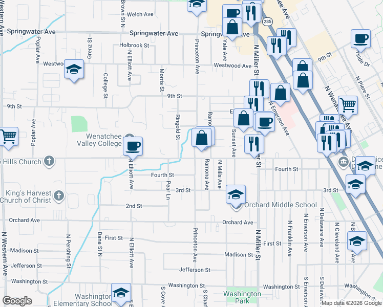 map of restaurants, bars, coffee shops, grocery stores, and more near 509 Princeton Avenue in Wenatchee