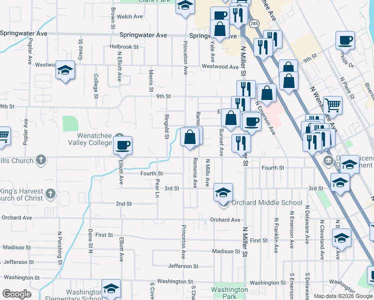 map of restaurants, bars, coffee shops, grocery stores, and more near 509 Princeton Avenue in Wenatchee