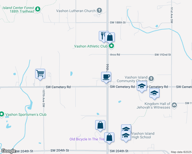 map of restaurants, bars, coffee shops, grocery stores, and more near 19433 99th Avenue Southwest in Vashon