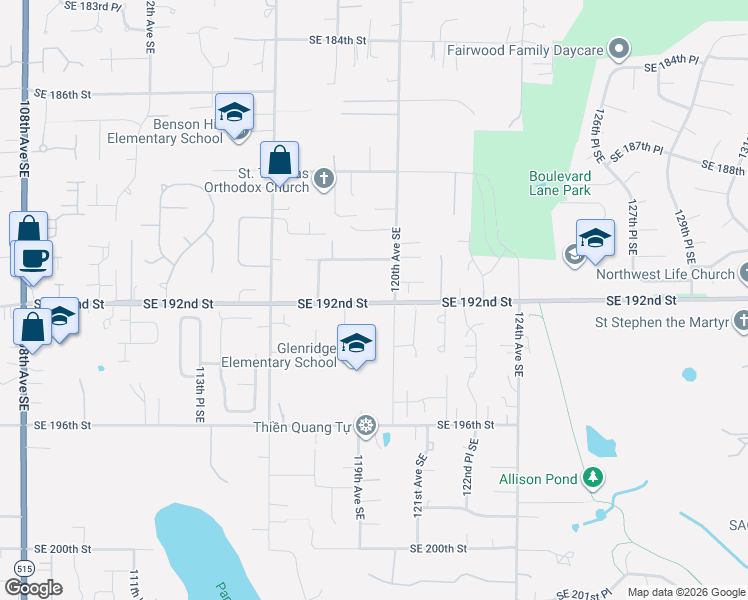 map of restaurants, bars, coffee shops, grocery stores, and more near 11807 Southeast 192nd Street in Renton