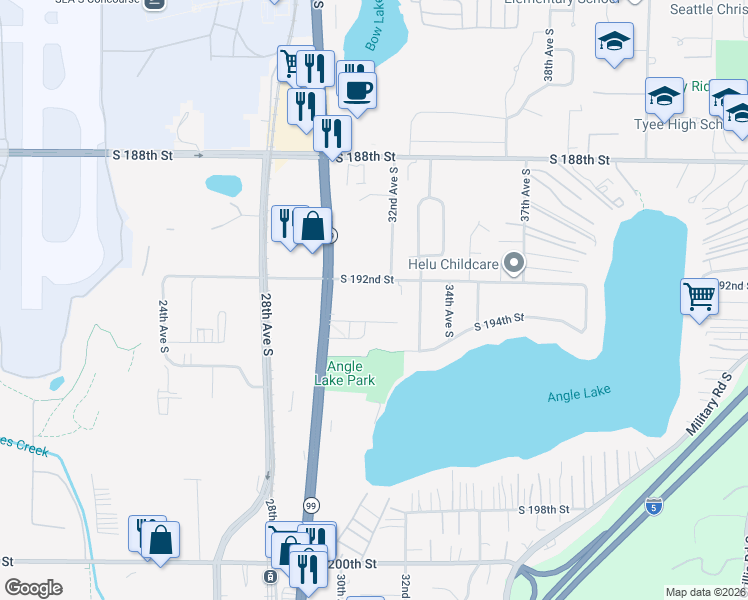 map of restaurants, bars, coffee shops, grocery stores, and more near 3117 South 192nd Street in SeaTac