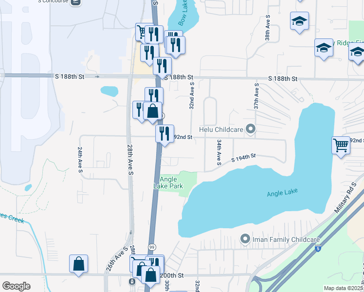 map of restaurants, bars, coffee shops, grocery stores, and more near 3117 South 192nd Street in SeaTac