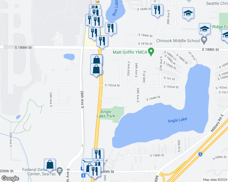 map of restaurants, bars, coffee shops, grocery stores, and more near 3117 South 192nd Street in SeaTac