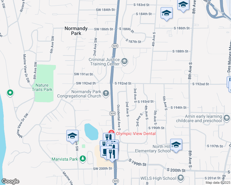 map of restaurants, bars, coffee shops, grocery stores, and more near 19265 Occidental Avenue South in Des Moines