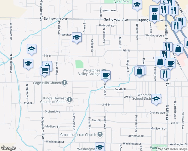 map of restaurants, bars, coffee shops, grocery stores, and more near 1421 Fifth Street in Wenatchee