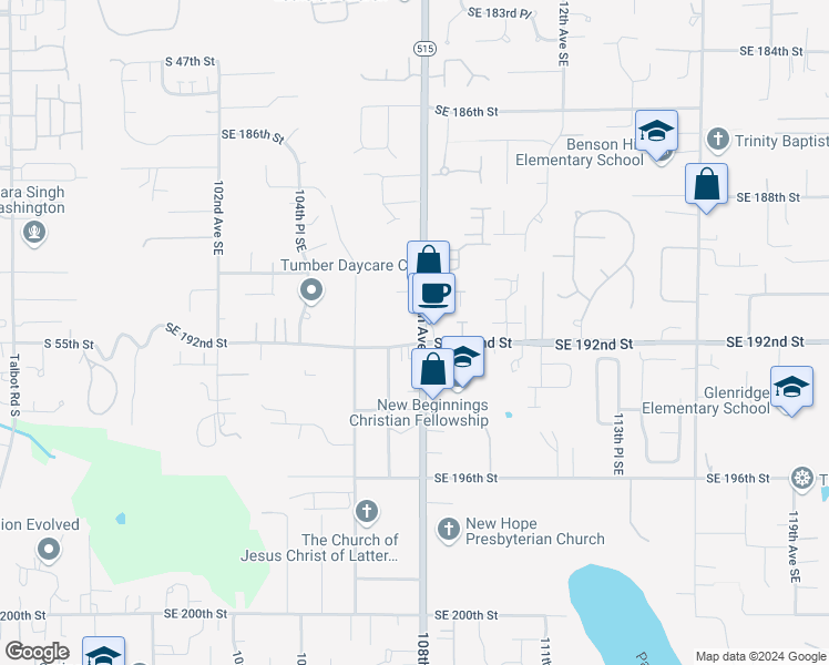map of restaurants, bars, coffee shops, grocery stores, and more near 19201 108th Avenue Southeast in Renton