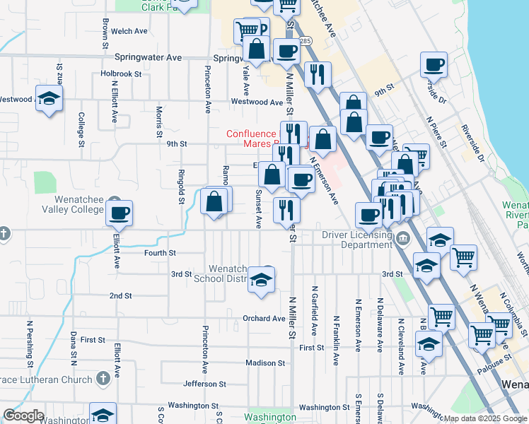 map of restaurants, bars, coffee shops, grocery stores, and more near 519 Sunset Avenue in Wenatchee