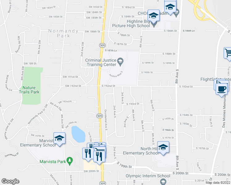 map of restaurants, bars, coffee shops, grocery stores, and more near 19218 2nd Avenue South in Des Moines