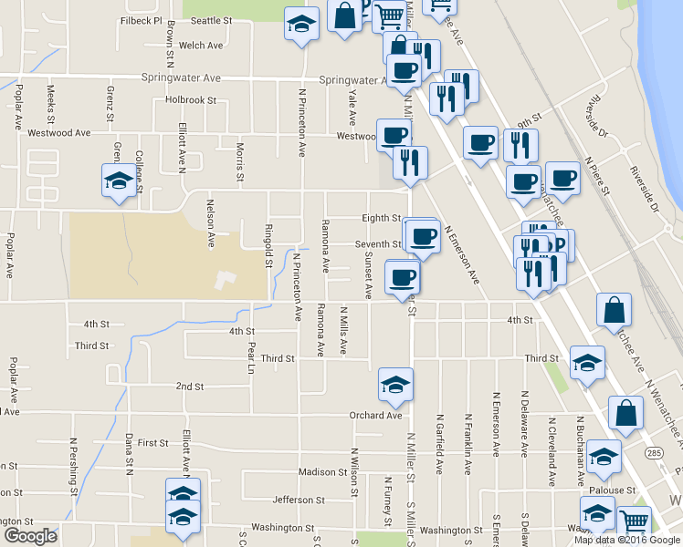 map of restaurants, bars, coffee shops, grocery stores, and more near 1122 Fifth Street in Wenatchee