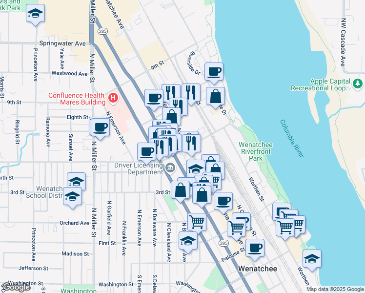 map of restaurants, bars, coffee shops, grocery stores, and more near in Wenatchee