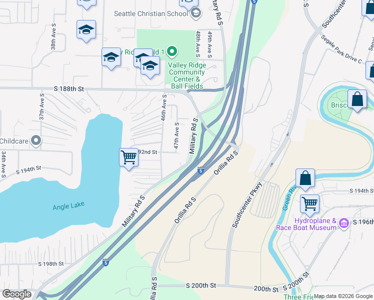 map of restaurants, bars, coffee shops, grocery stores, and more near 19029 Military Road South in SeaTac