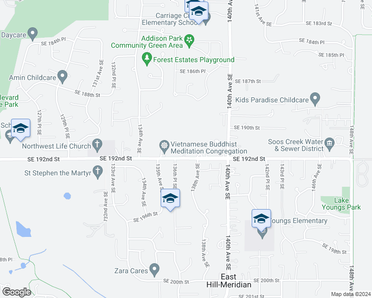 map of restaurants, bars, coffee shops, grocery stores, and more near 13626 Southeast 192nd Street in Renton