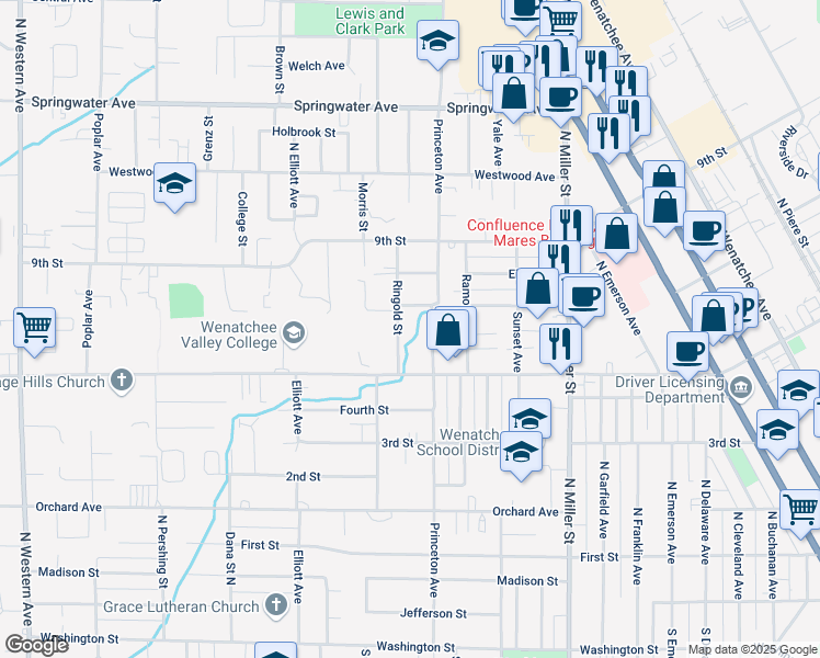 map of restaurants, bars, coffee shops, grocery stores, and more near 601 Ringold Street in Wenatchee