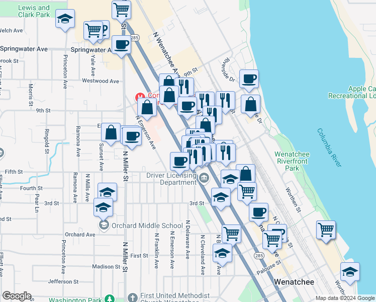 map of restaurants, bars, coffee shops, grocery stores, and more near 527 North Chelan Avenue in Wenatchee