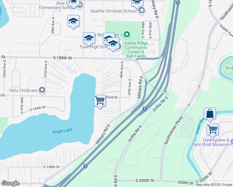 map of restaurants, bars, coffee shops, grocery stores, and more near 19037 46th Avenue South in SeaTac