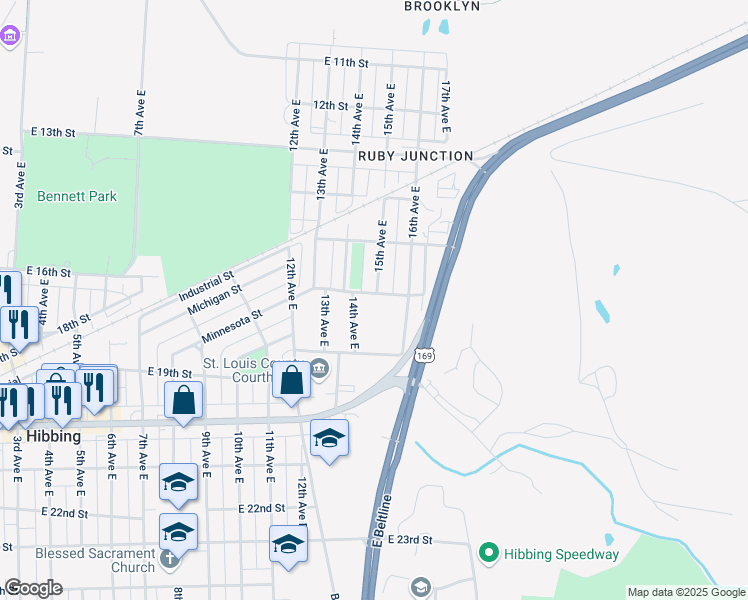 map of restaurants, bars, coffee shops, grocery stores, and more near 1501 East 16th Street in Hibbing