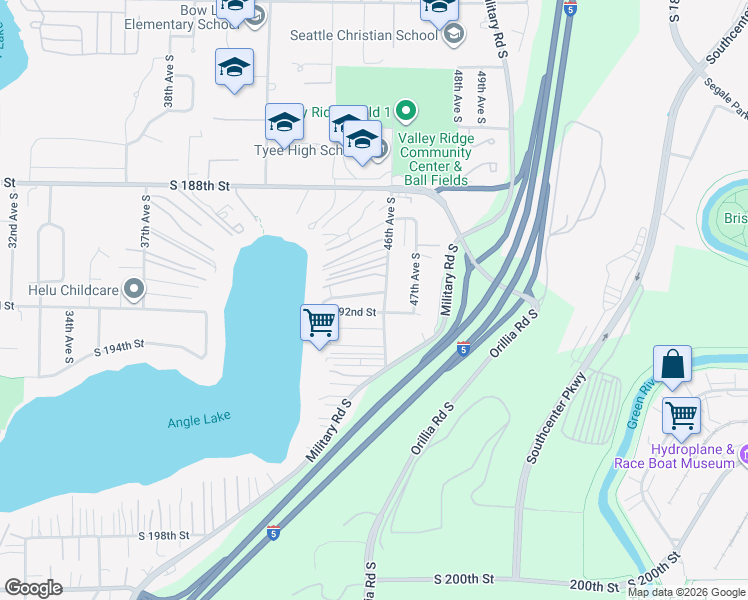 map of restaurants, bars, coffee shops, grocery stores, and more near 19037 46th Avenue South in SeaTac