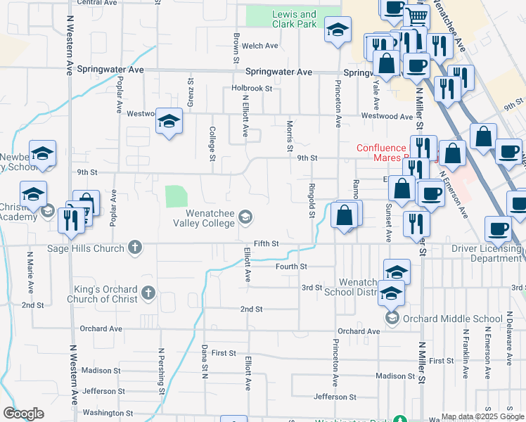 map of restaurants, bars, coffee shops, grocery stores, and more near 1300 Fifth Street in Wenatchee