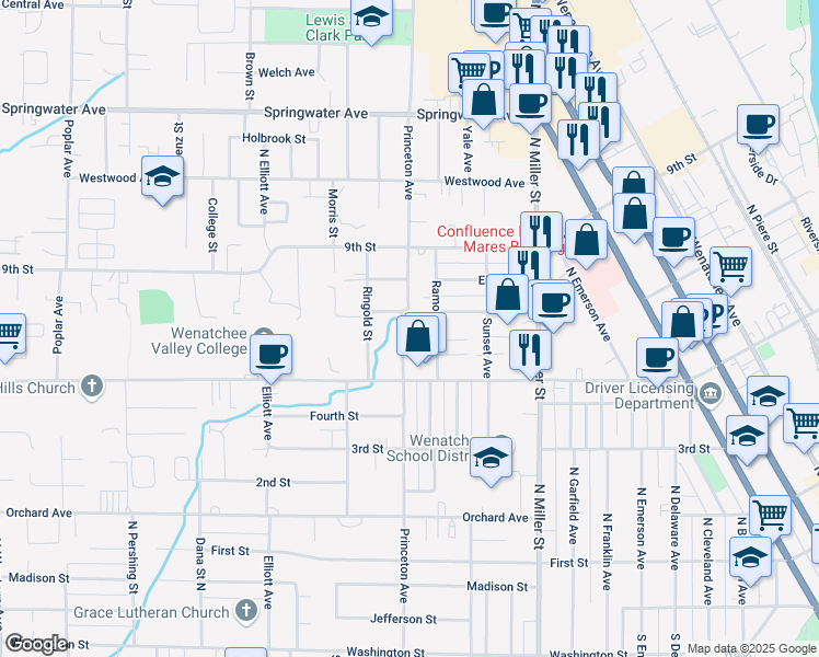 map of restaurants, bars, coffee shops, grocery stores, and more near 609 Princeton Avenue in Wenatchee