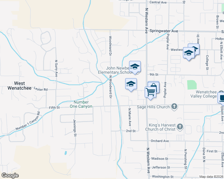 map of restaurants, bars, coffee shops, grocery stores, and more near 701 Woodward Drive in Wenatchee