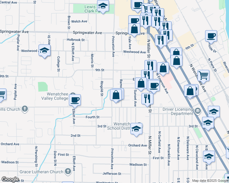 map of restaurants, bars, coffee shops, grocery stores, and more near 609 Princeton Avenue in Wenatchee