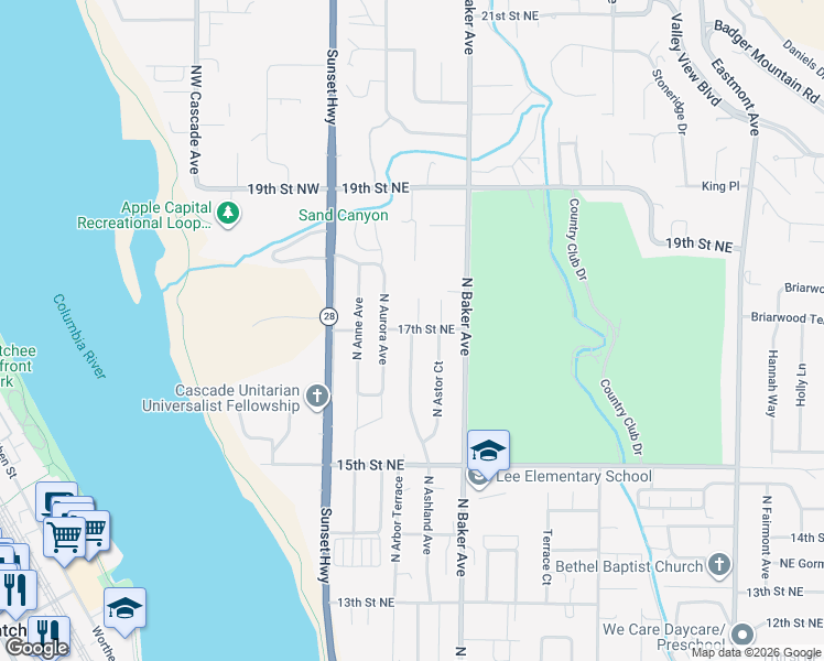 map of restaurants, bars, coffee shops, grocery stores, and more near 1990 North Ashland Avenue in East Wenatchee