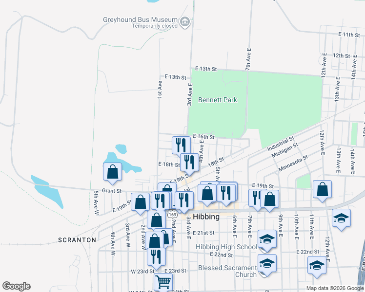 map of restaurants, bars, coffee shops, grocery stores, and more near 1613 3rd Avenue East in Hibbing