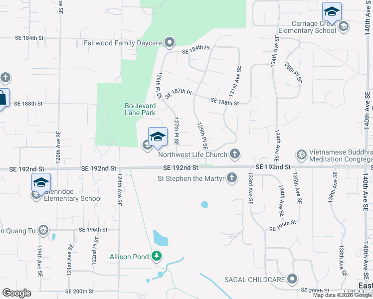 map of restaurants, bars, coffee shops, grocery stores, and more near 12709 Southeast 190th Place in Renton