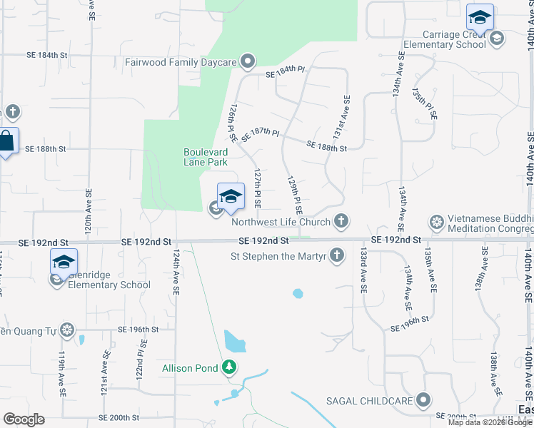 map of restaurants, bars, coffee shops, grocery stores, and more near 12709 Southeast 190th Place in Renton