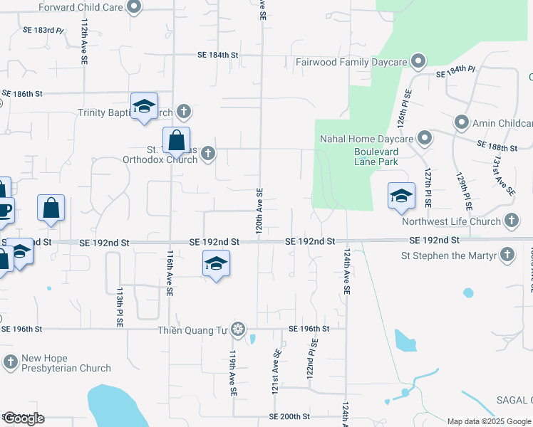 map of restaurants, bars, coffee shops, grocery stores, and more near 19038 120th Avenue Southeast in Renton