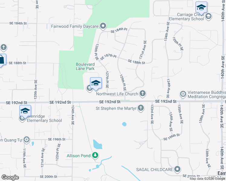 map of restaurants, bars, coffee shops, grocery stores, and more near 12709 Southeast 190th Place in Renton