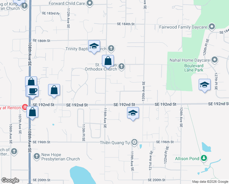 map of restaurants, bars, coffee shops, grocery stores, and more near 19101 117th Place Southeast in Renton