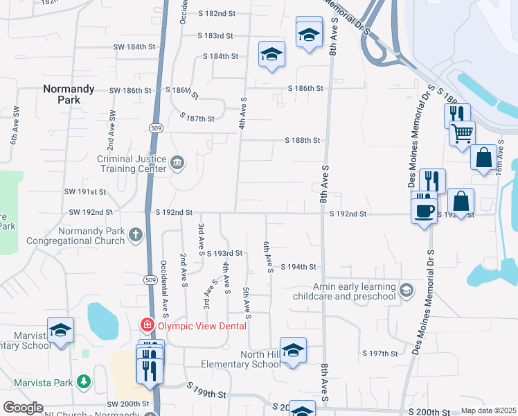 map of restaurants, bars, coffee shops, grocery stores, and more near 421 South 191st Place in Burien