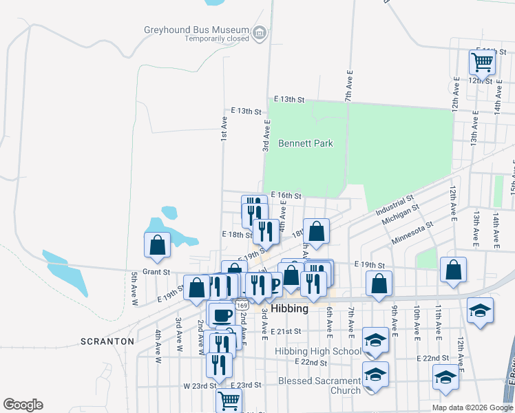 map of restaurants, bars, coffee shops, grocery stores, and more near 1613 3rd Avenue East in Hibbing