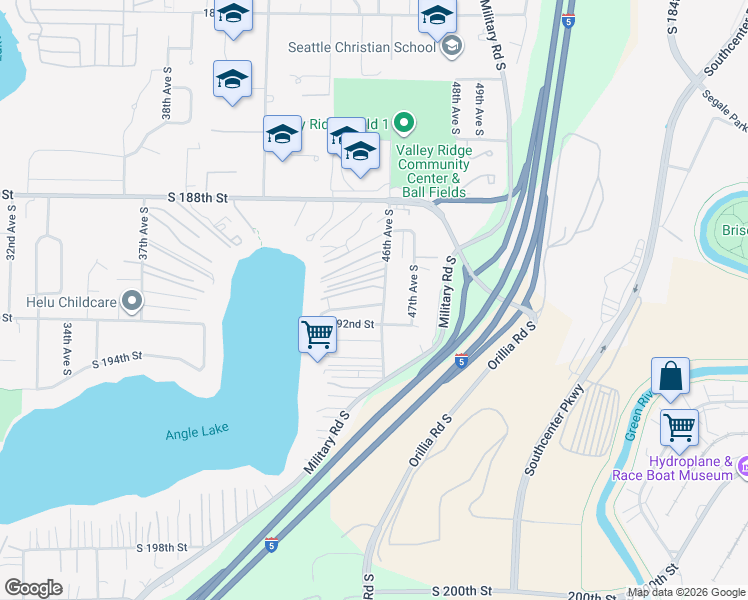 map of restaurants, bars, coffee shops, grocery stores, and more near 19037 46th Avenue South in SeaTac
