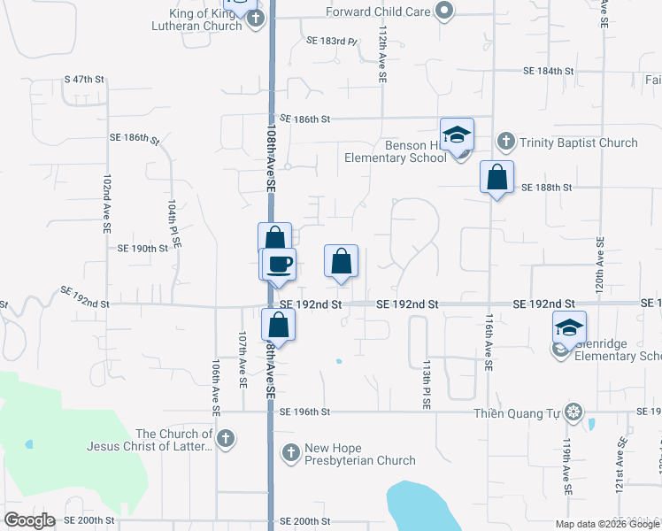 map of restaurants, bars, coffee shops, grocery stores, and more near 19132 108th Lane Southeast in Renton