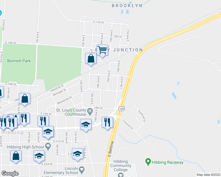map of restaurants, bars, coffee shops, grocery stores, and more near 1501 East 16th Street in Hibbing