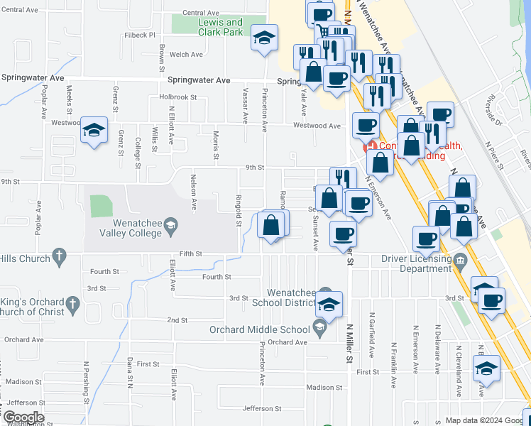 map of restaurants, bars, coffee shops, grocery stores, and more near 609 Princeton Avenue in Wenatchee