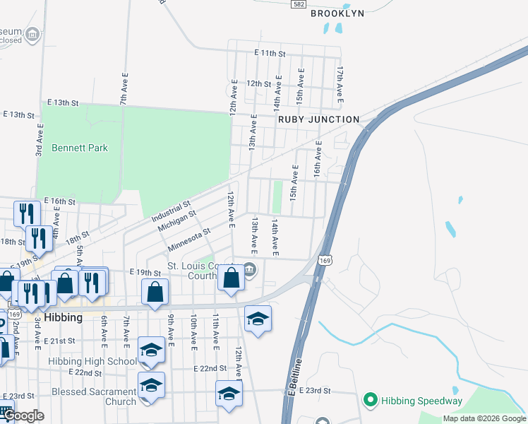 map of restaurants, bars, coffee shops, grocery stores, and more near 1537 14th Avenue East in Hibbing