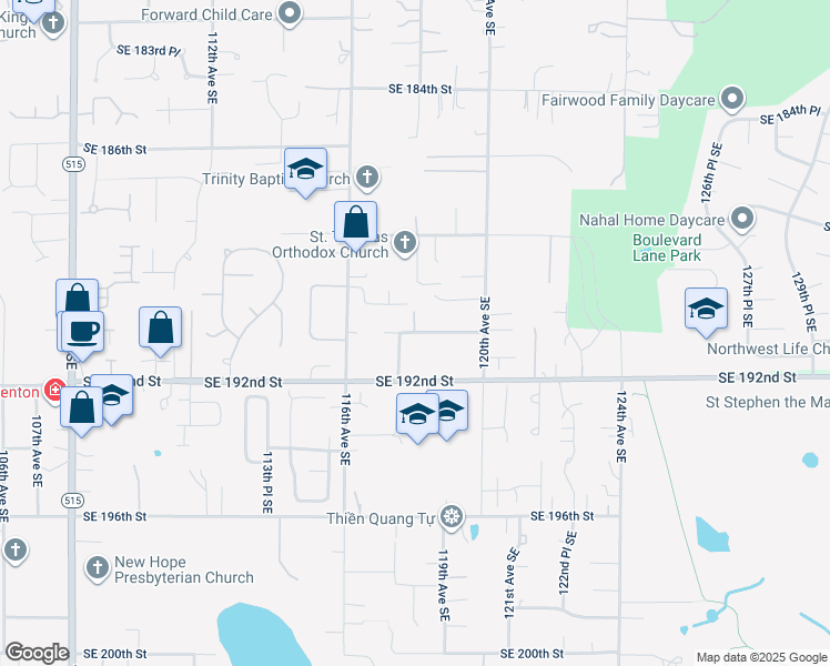 map of restaurants, bars, coffee shops, grocery stores, and more near 11725 Southeast 191 Street in Renton