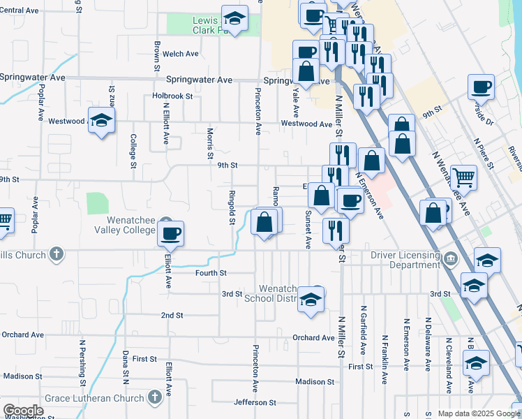 map of restaurants, bars, coffee shops, grocery stores, and more near 609 Princeton Avenue in Wenatchee
