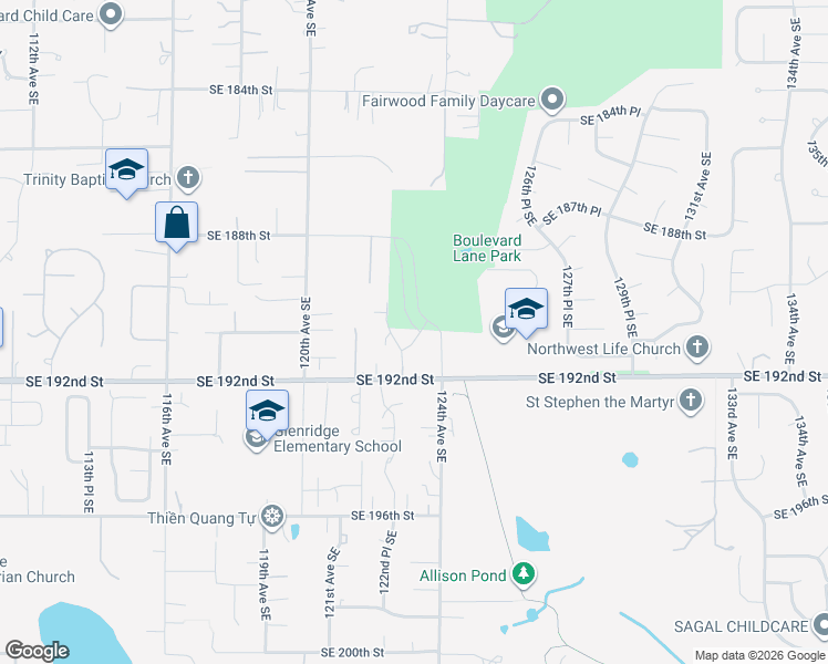 map of restaurants, bars, coffee shops, grocery stores, and more near 12317 Southeast 191 Street in Renton
