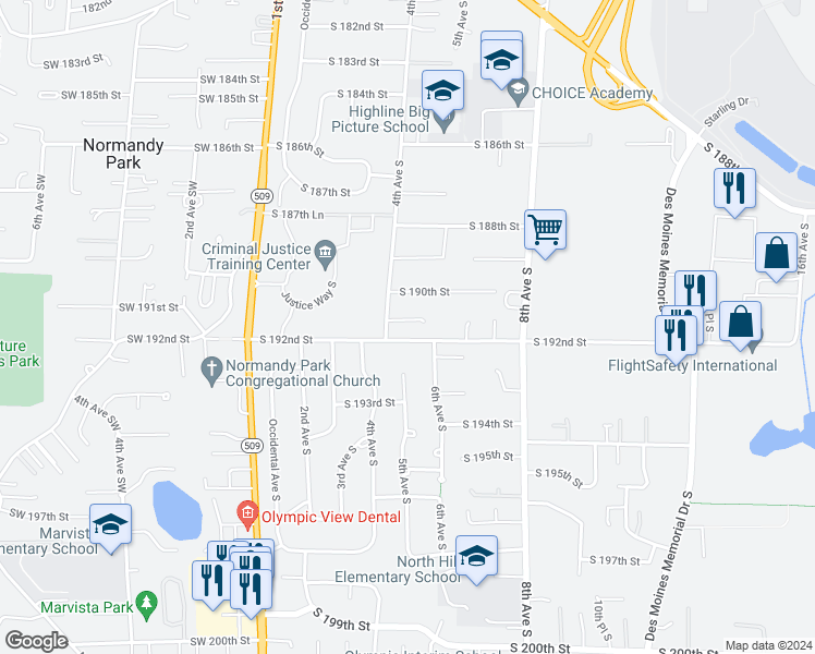 map of restaurants, bars, coffee shops, grocery stores, and more near 421 South 191st Place in Burien