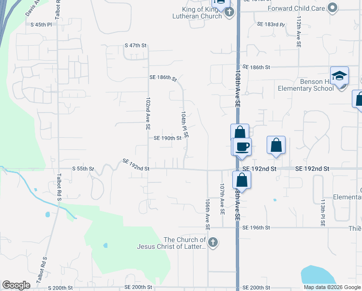 map of restaurants, bars, coffee shops, grocery stores, and more near 19021 104th Place Southeast in Renton