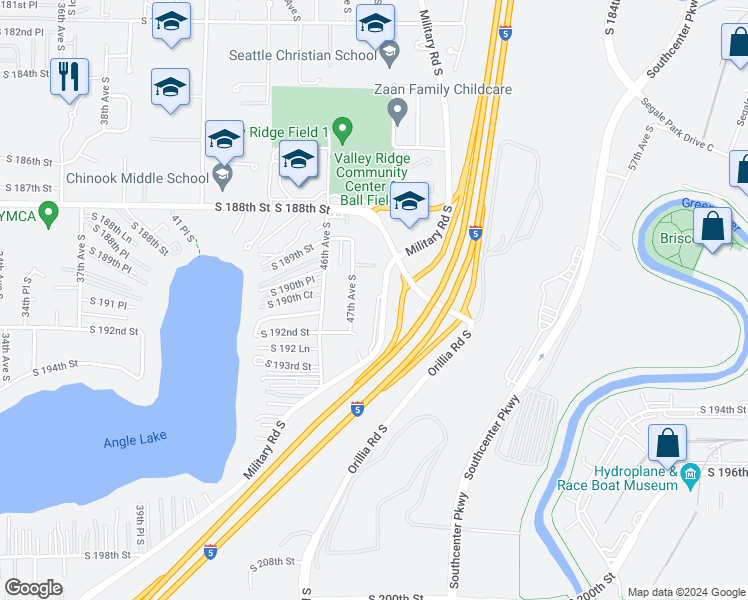 map of restaurants, bars, coffee shops, grocery stores, and more near 19029 Military Road South in SeaTac