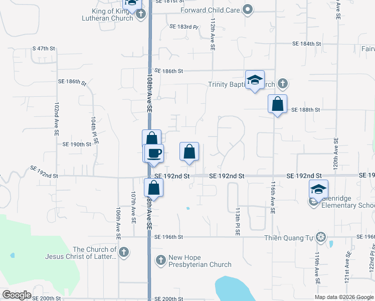 map of restaurants, bars, coffee shops, grocery stores, and more near 19132 108th Lane Southeast in Renton
