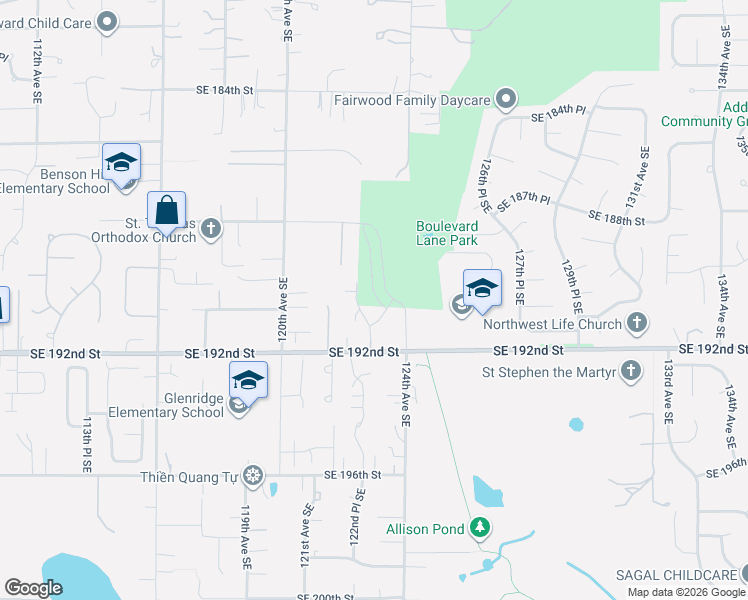 map of restaurants, bars, coffee shops, grocery stores, and more near 19019 123rd Place Southeast in Renton