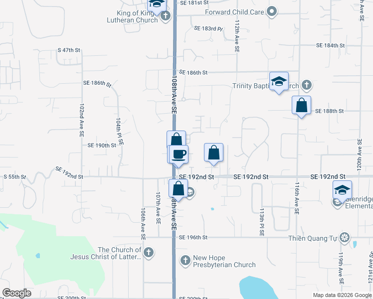 map of restaurants, bars, coffee shops, grocery stores, and more near 10828 Southeast 190th Place in Renton