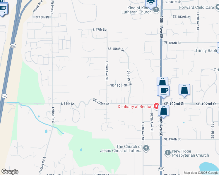 map of restaurants, bars, coffee shops, grocery stores, and more near 19010 102nd Avenue Southeast in Renton