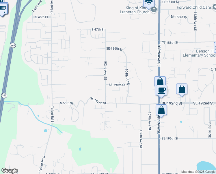 map of restaurants, bars, coffee shops, grocery stores, and more near 19010 102nd Avenue Southeast in Renton
